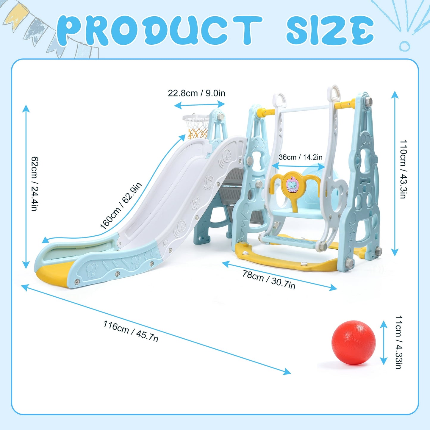 4-In-1 Kids Slide For Toddlers Age 1-3 Slide And Swing Set,Indoor Playground For Children,Freestanding Outdoor Slides With Basketball Hoop,Outside Climber Playhouses,Baby Climbing Toys,Blue