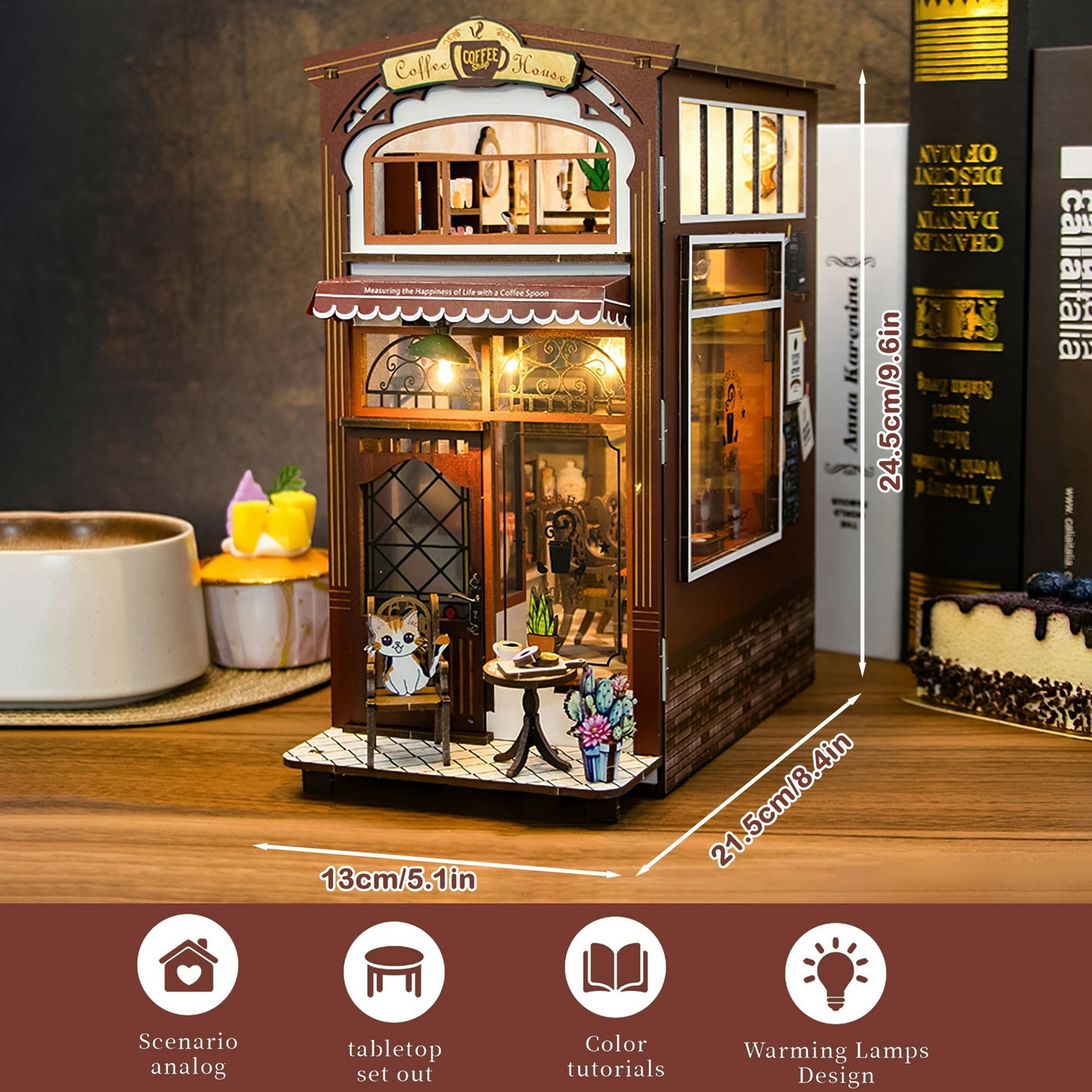 Crtynell DIY Miniature Dollhouse Kit, Book Nook Kit DIY Miniature House, Wooden Dollhouse Kit, Best Birthday and Christmas Gifts for Women and Girls (coffee shop)