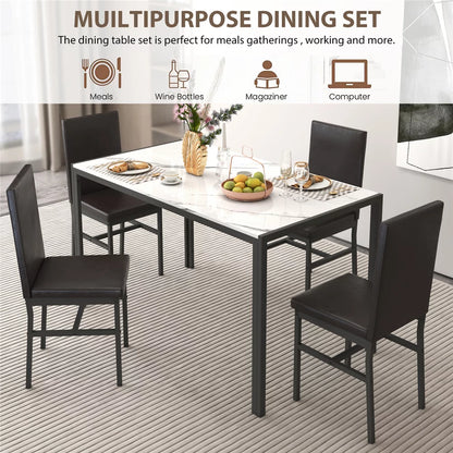 Dining Table Set with 4 Chairs, 5 Piece Modern Kitchen Table Sets with PU Leather Chairs, Faux Marble Pattern Rectangle Dining Room Table Set for Kitchen, Living Room, Restaurant