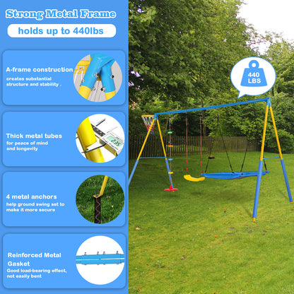 4 in 1 Swing Set,Outdoor Play for Kids,Saucer Swing,Climbing Rope Swing,and Basketball Hoop