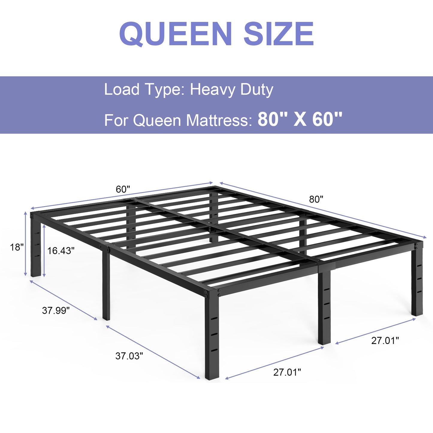 LAFGUR Queen Bed Frame - Sturdy Platform Bed Frame Metal Bed Frame No Box Spring Needed Heavy Duty Queen Size Bed Frame Easy Assembly Strong Bearing Capacity, Under Bed Storage