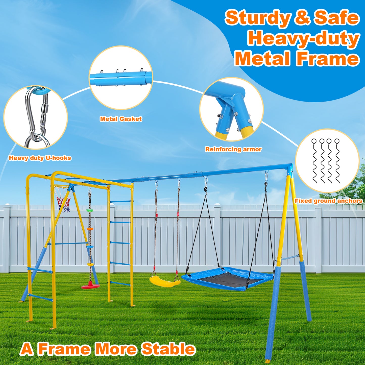 6 in 1 Swing Sets for Outside,A-Frame Swing Set with Monkey Bars,3 Swing,Climbing Frame,Basketball Hoop