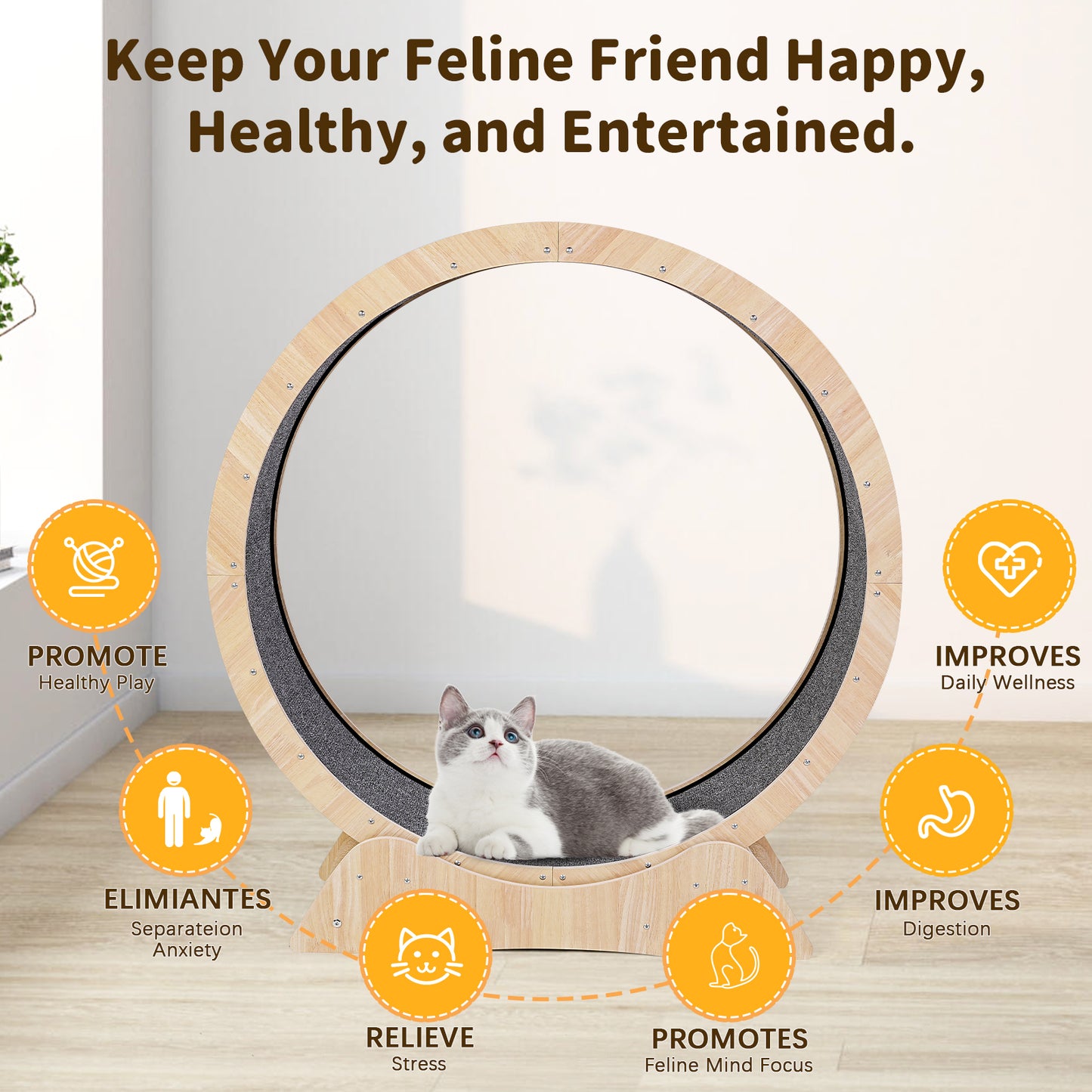 Crtynell Cat Wheel, Cat Treadmill, Cat Exercise Wheel, Cat Wheel Exerciser with side claw grinding posts for Indoor Cats for Walking, Running, Training, Suitable for Most Cats (Wood), Teaser Cat Toys