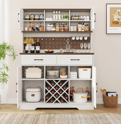 72" Kitchen Storage Cabinet with Power Outlet & LED Light, Coffee Bar Cabinet with Drawers & Wine Glass Rack,Sideboard for Home,White