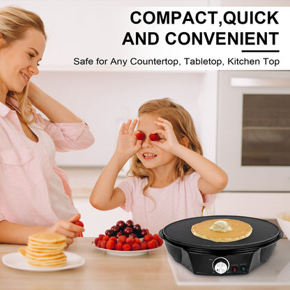 12" Griddle & Crepe Maker, Non-Stick Electric Crepe Pan W/Batter Spreader- Dual Use for Blintzes Eggs Pancakes, Adjustable Temperature Settings for Breakfast or Dessert