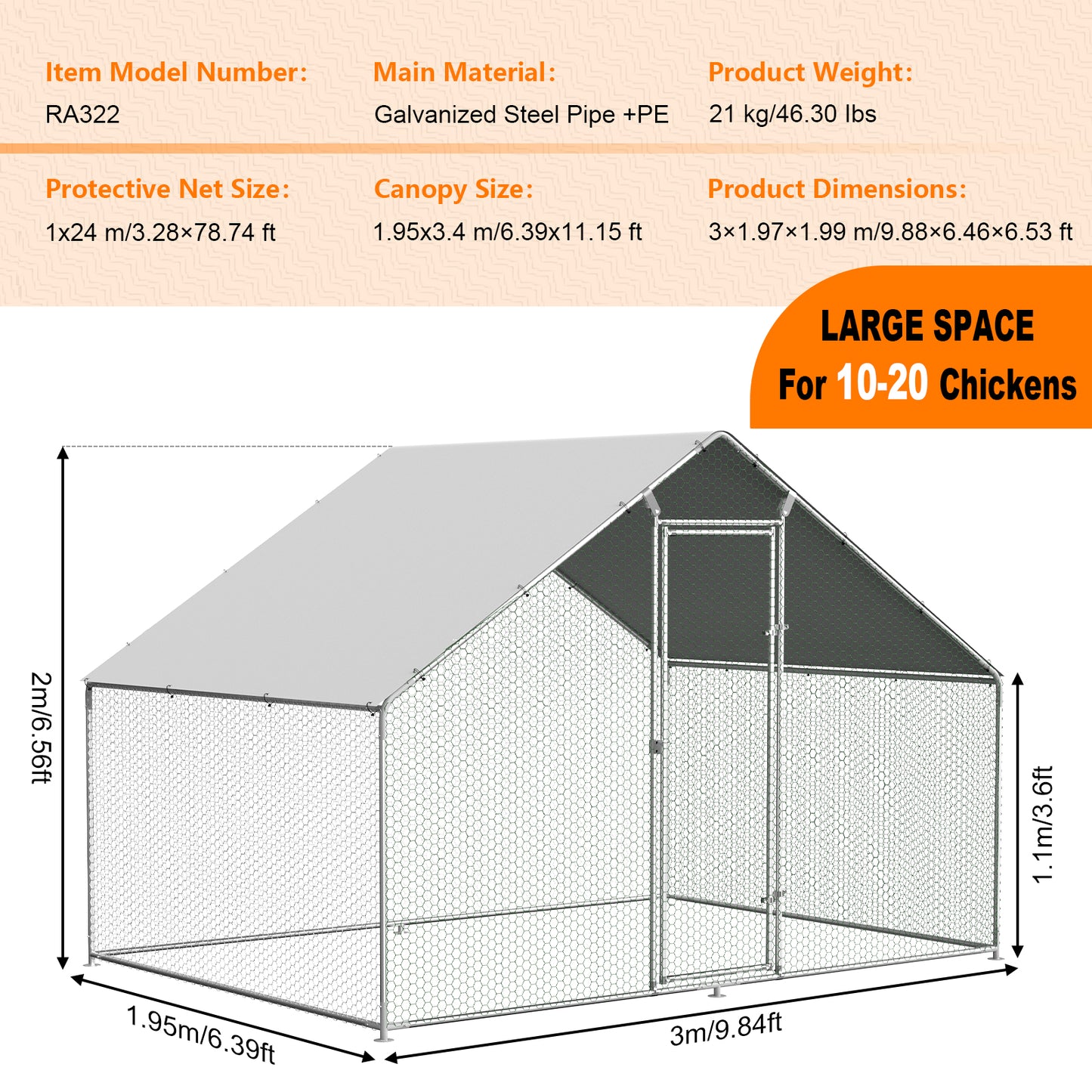 LAFGUR Chicken Run Coop , Large Metal Chicken Coop Spire Shaped, Walk-in Hen Cage, Outdoor Poultry Cage with Waterproof Cover and Wire Mesh for Backyard,Yard Outdoor