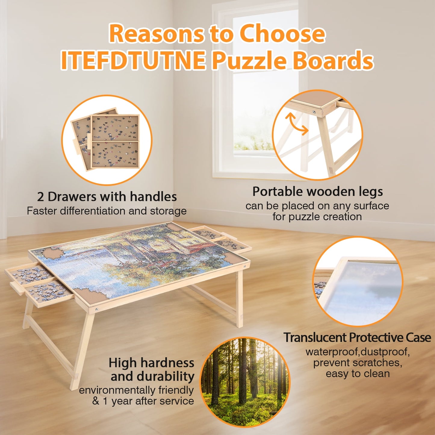 1500 Piece Puzzle Board With Folding Legs And 2 Sliding Drawers,34" X 26" Wooden Jigsaw Puzzle Table,Wood Puzzle Tray For Adults