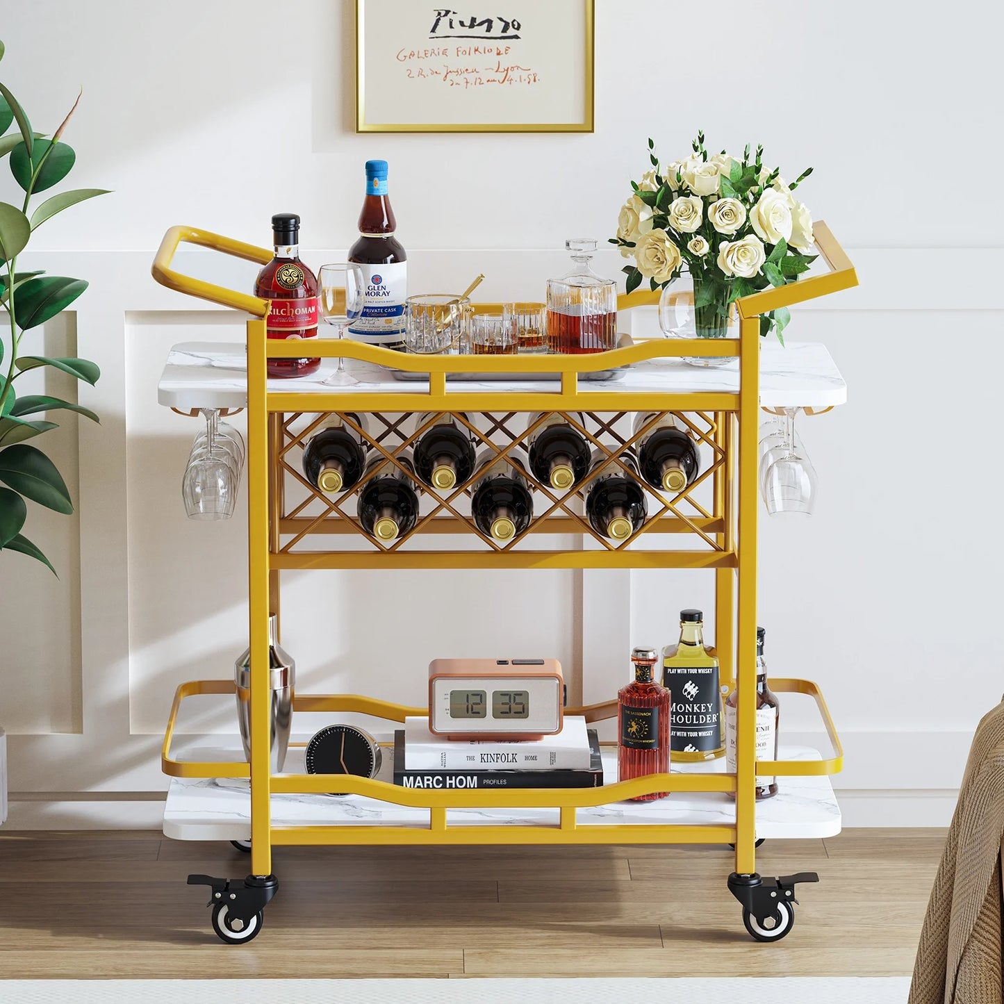 LAFGUR Rolling Bar Cart with Wheels, Beverage Serving Cart with Wine Racks and Glasses Holder, Coffee Bar Cart for The Home, Party Gold