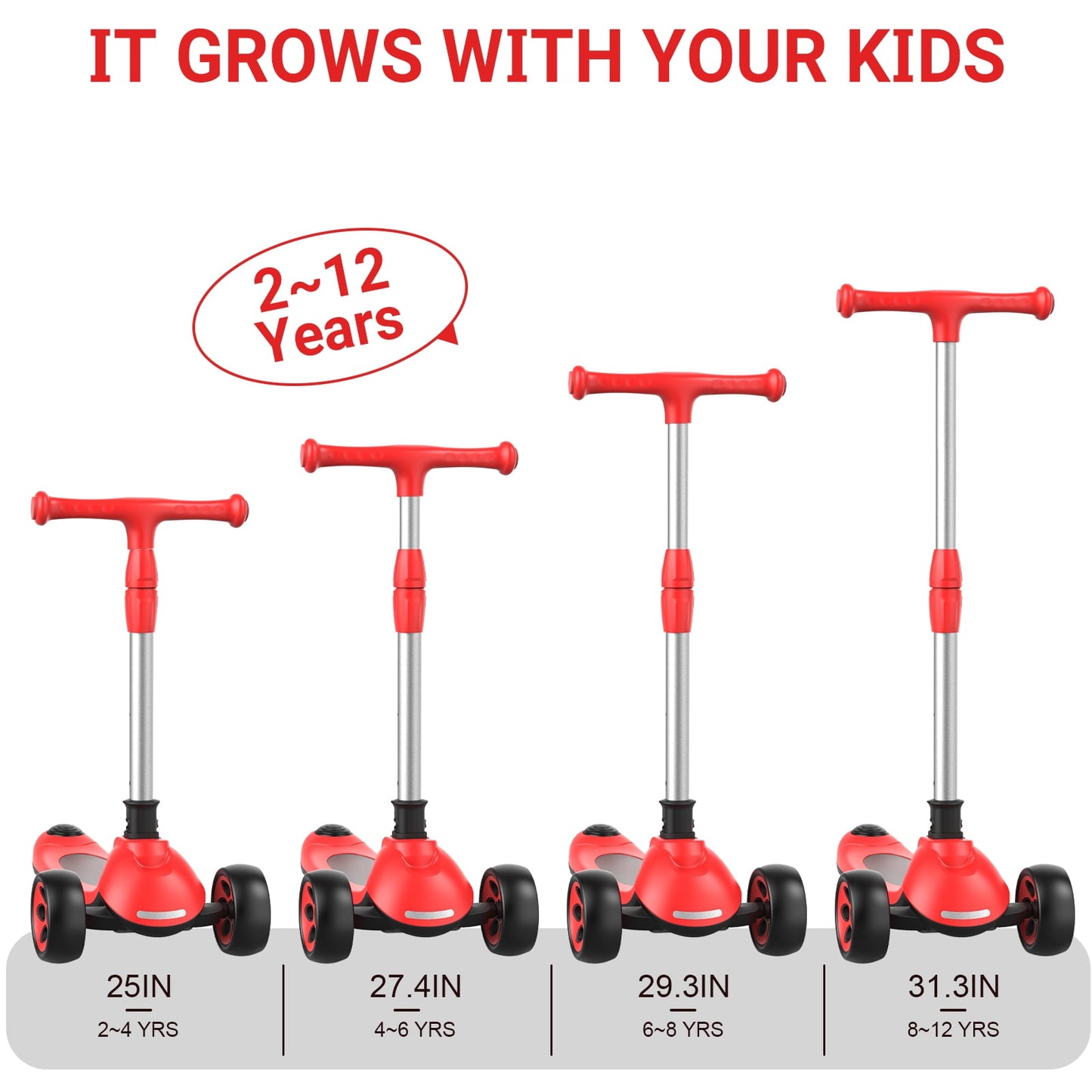 Kids Scooter with Removable Seat & 3 Extra Wide PU Light-Up Wheels, Adjustable Height Handlebar Kick Scooter for Kids Ages 2-12