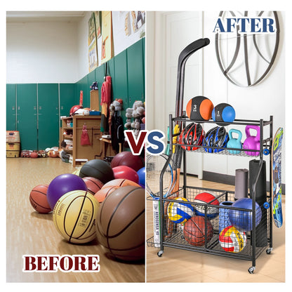 Garage Sports Equipment Organizer, Ball Storage with Hooks and Baskets for Indoor Outdoor