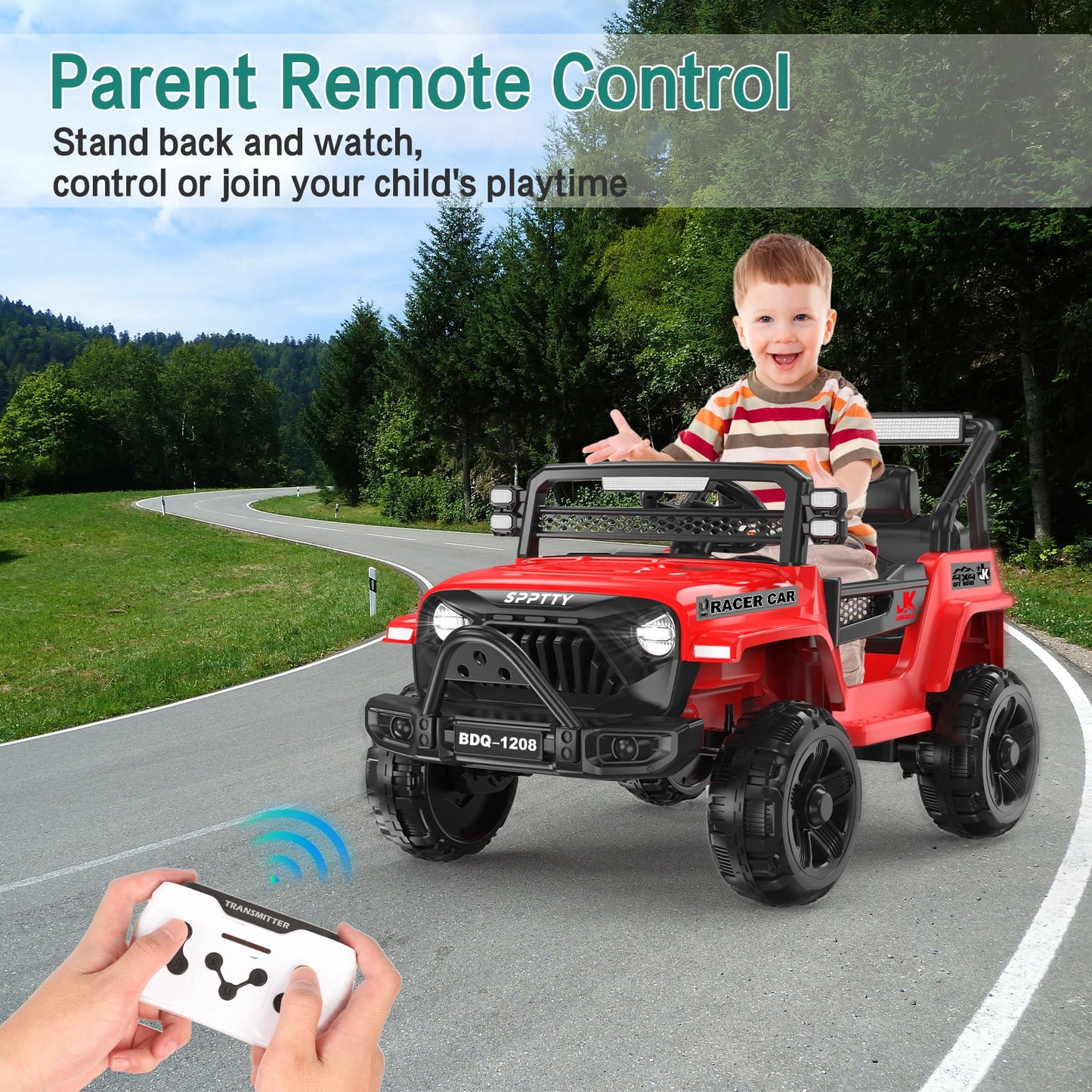 KALNUR 12V Ride on Toy Truck with Parent Remote Control, Kids Electric Car with Music and LED Lights,Red