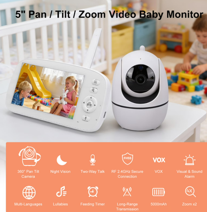 Baby Monitor No WiFi Upgrade with Camera and Audio 5 Inch LCD Screen 720P with 360° Pan Tilt 2X Zoom Night Vision 35hrs Standby Time for Multi Room Monitoring
