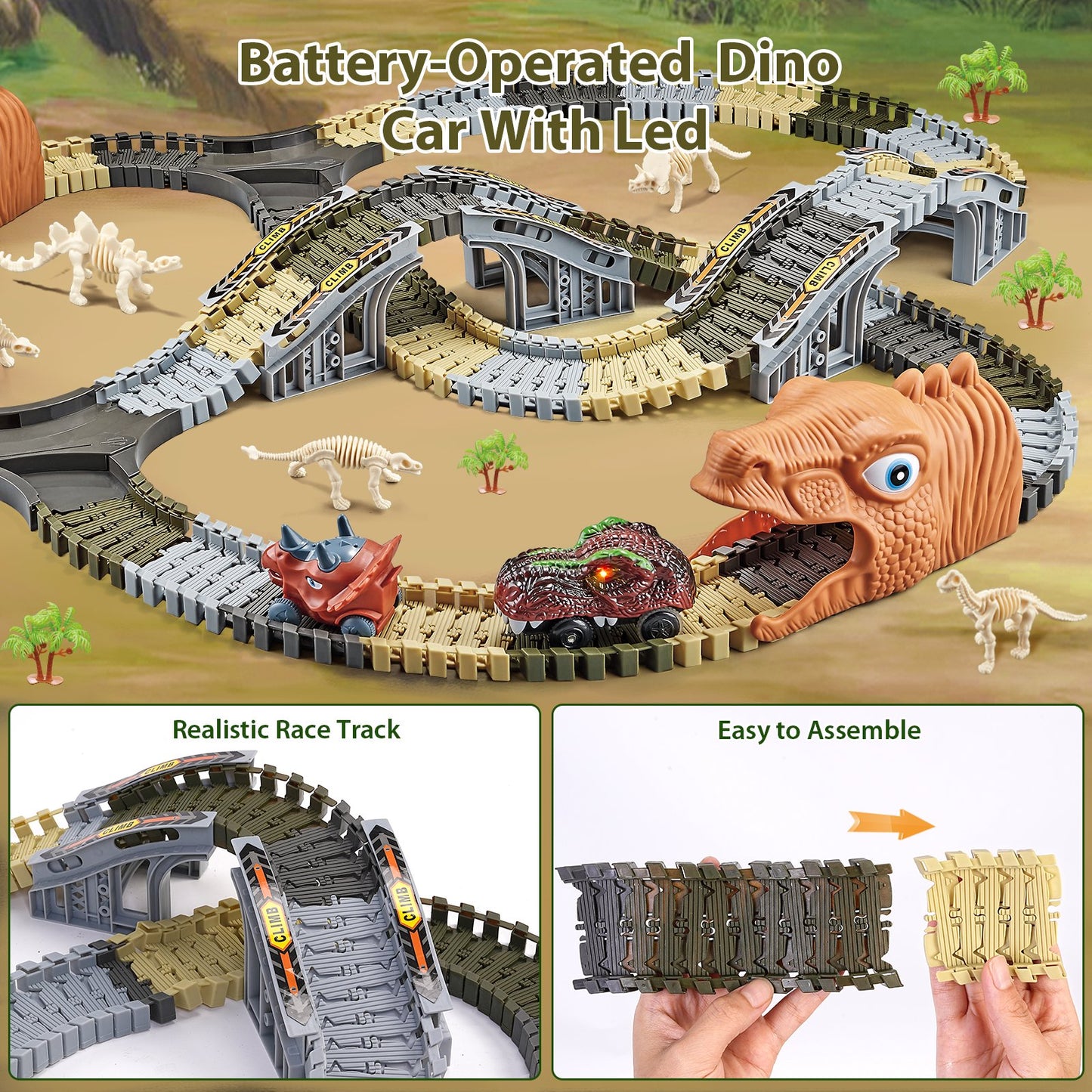 Dinosaur Toys Race Car Dinosaur Track Set For Kids, 271 Pcs Flexible Stem Playset Christmas Gifts For 3 4 5 6 7 8 Boys Girls