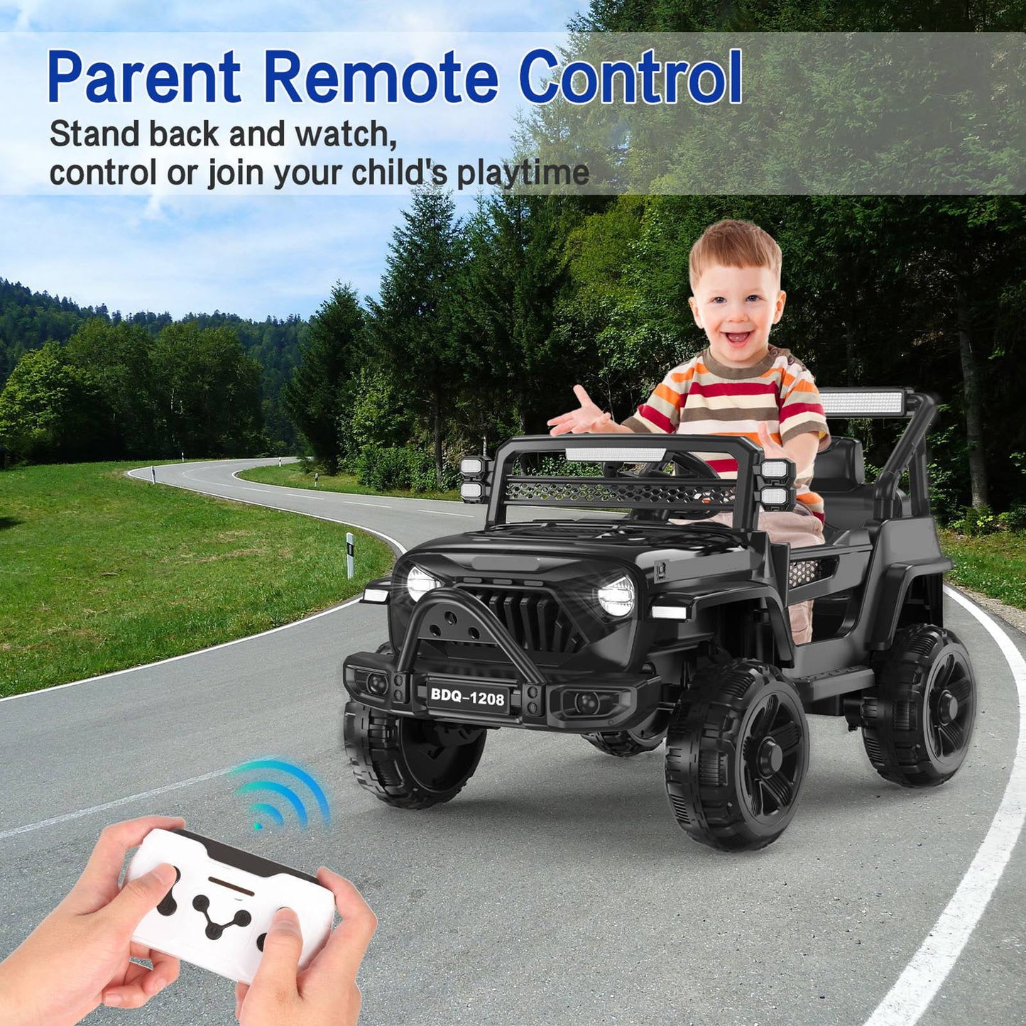 KALNUR 12V Ride on Toy Truck with Parent Remote Control, Kids Electric Car with Music and LED Lights,Black