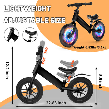 Kids 12inch Balance Bike Colorful Lighting up Wheels No Pedal Bikes for 2 3 4 5 Toddlers Boys Girls, Black