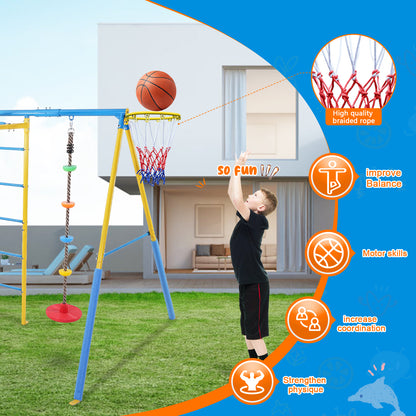 6 in 1 Swing Sets for Outside,A-Frame Swing Set with Monkey Bars,3 Swing,Climbing Frame,Basketball Hoop