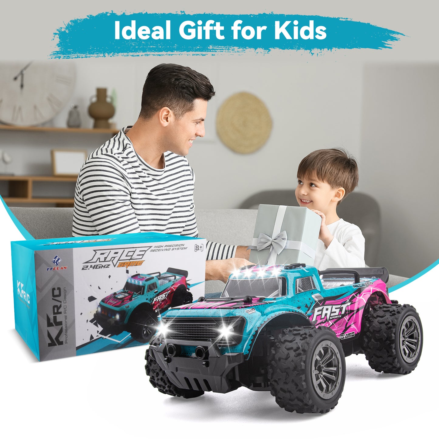 DOMQGA Remote Control Car for Boys Girls,1:20 Off Road RC Car with Cool Lights,2.4 GHz RC Monster Truck All Terrains Electric Toy Car with 2 Rechargeable Batteries