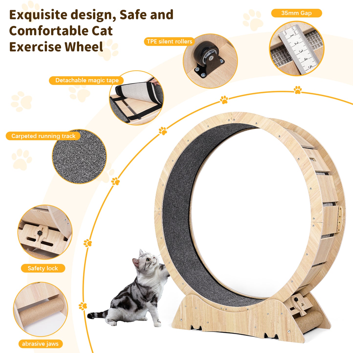 Crtynell Cat Wheel, Cat Treadmill, Cat Exercise Wheel, Cat Wheel Exerciser with side claw grinding posts for Indoor Cats for Walking, Running, Training, Suitable for Most Cats (Wood), Teaser Cat Toys
