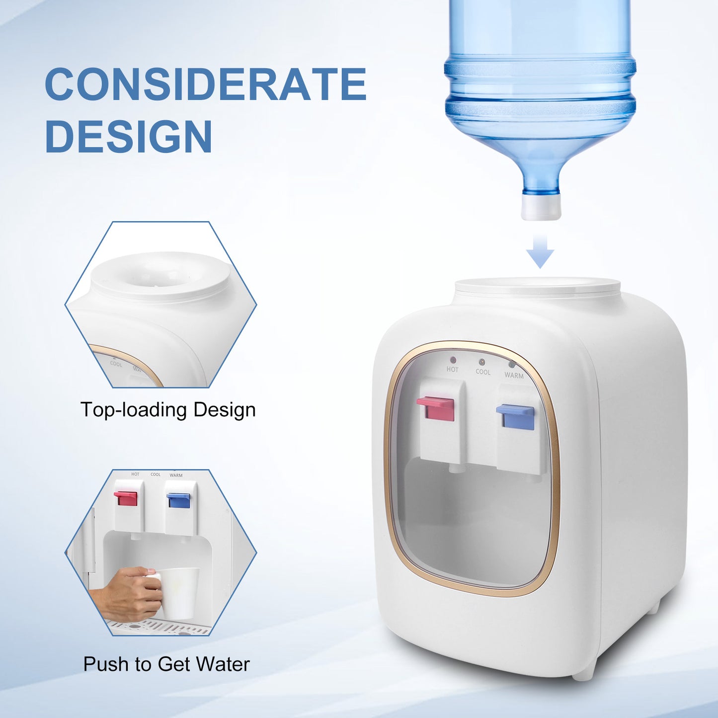 Water Cooler Dispenser Top Loading Holds 3 & 5 Gallon Bottles - 3 Temperature Settings - Hot, Cold & Room Water, Countertop Perfect for Homes, Kitchens, Offices, Dorms, White