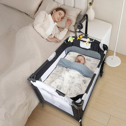 Loewten Baby Bassinet, 5 in 1 Foldable Playard Playpen Bedside Bassinet with Changing Table for Infant Newborn,Activity Center for Baby,Black,0-36 Months