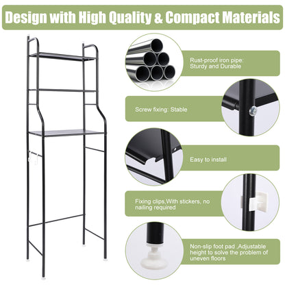 Over The Toilet Storage, 3-Tier Bathroom Storage Organizer, Bathroom Space Saver, Freestanding Corner Stand, Over Toilet Shelf, 60"H,Black