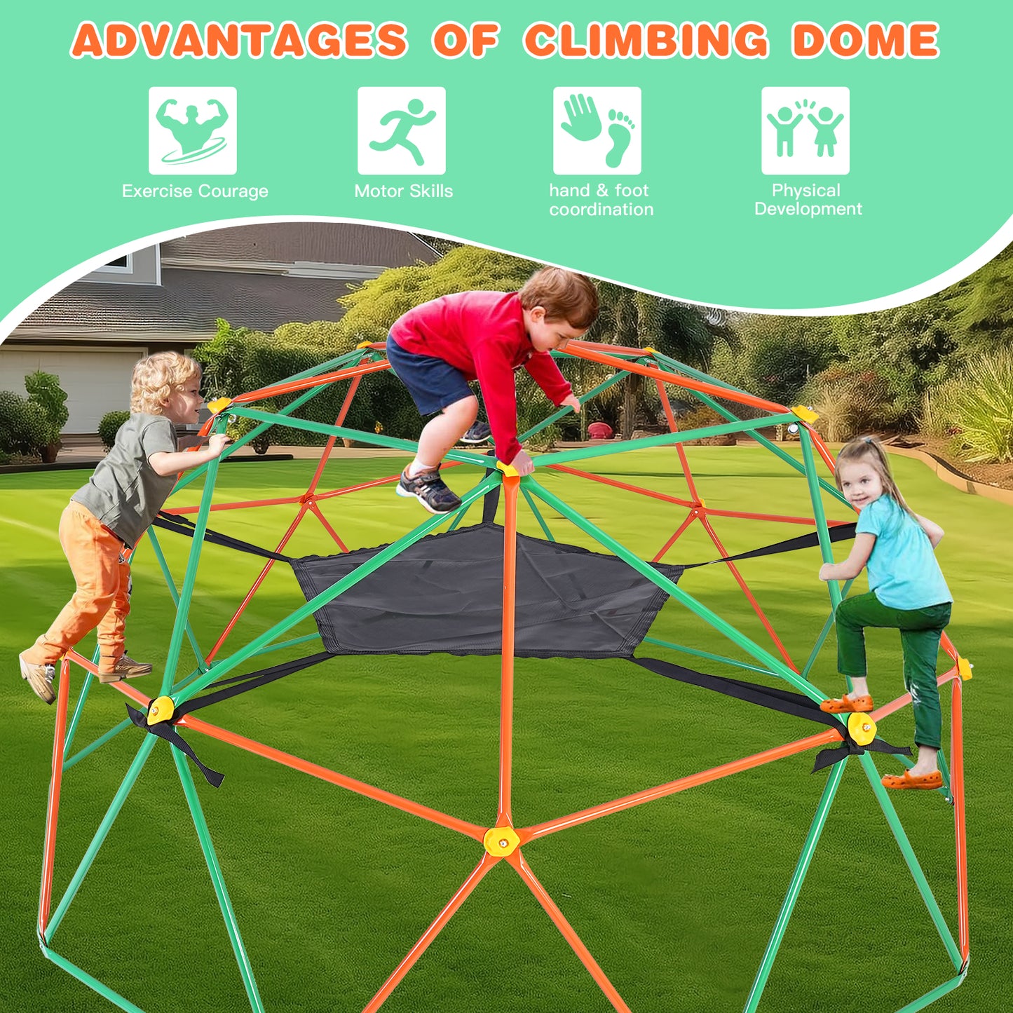 10FT Jungle Gym, Climbing Dome with Hammock & Swing, Outdoor Play for Kids 3-12,Backyard Toy