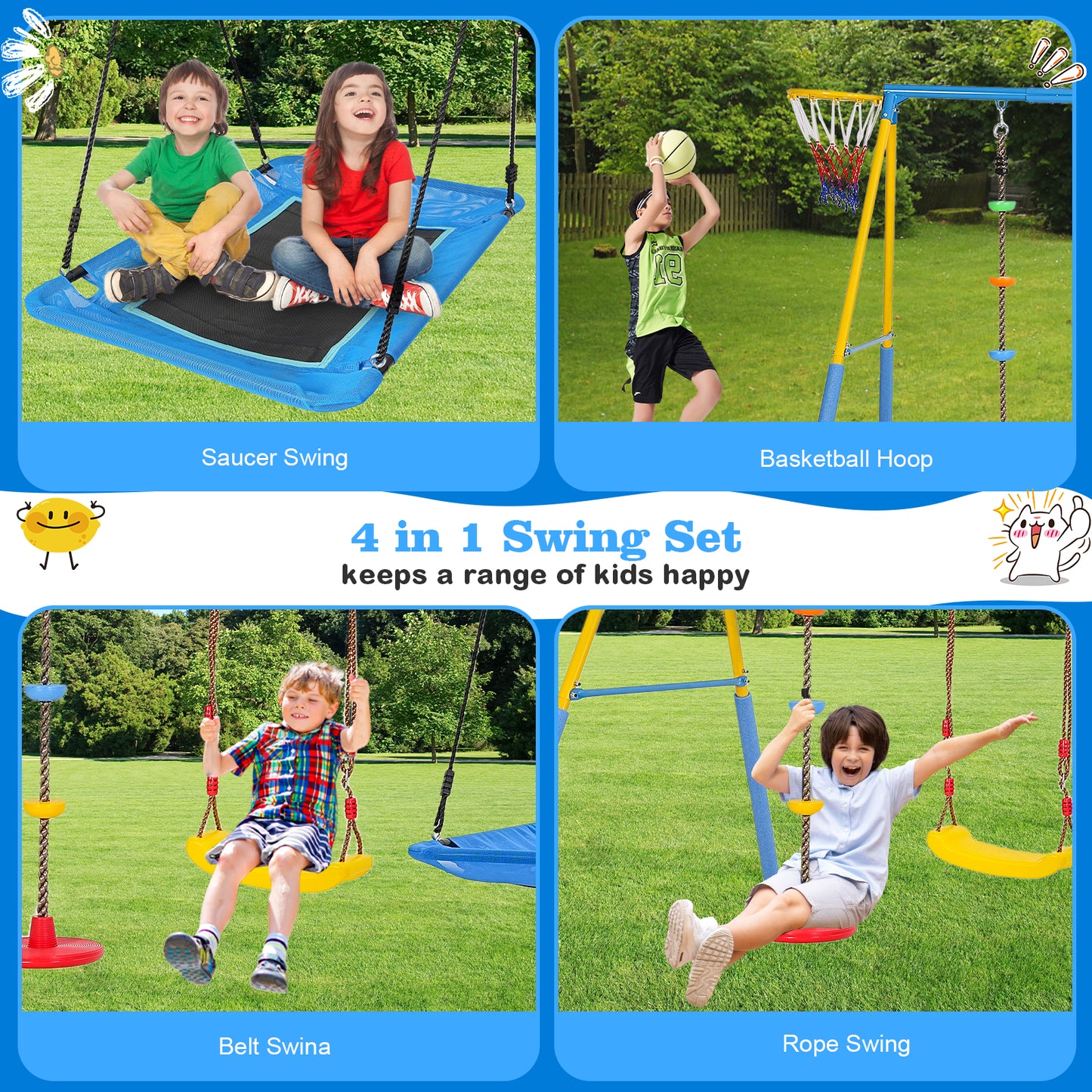 4 in 1 Swing Set,Outdoor Play for Kids,Saucer Swing,Climbing Rope Swing,and Basketball Hoop