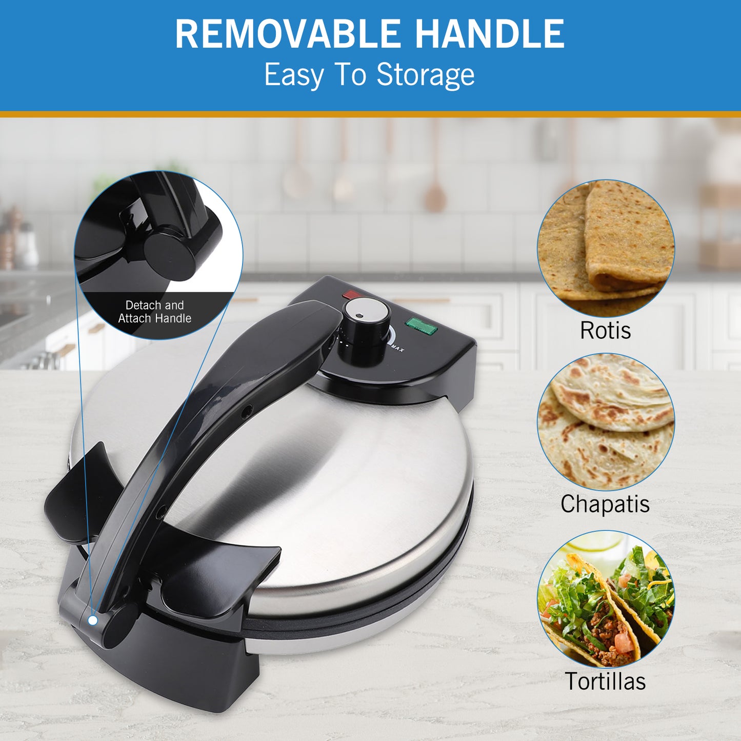 Roti Maker Machine, Stainless Steel Non-Stick Electric Tortilla Maker, 10-Inch