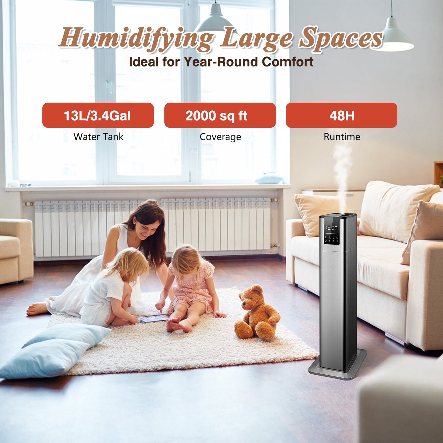 Humidifiers for Large Rooms, 13L/3.43Gal Top Fill Floor Humidifiers Heat and Cold Mist for Bedroom, Remote Control, Humidity Setting, Timer,Quiet, Aroma Box,Safety Lock