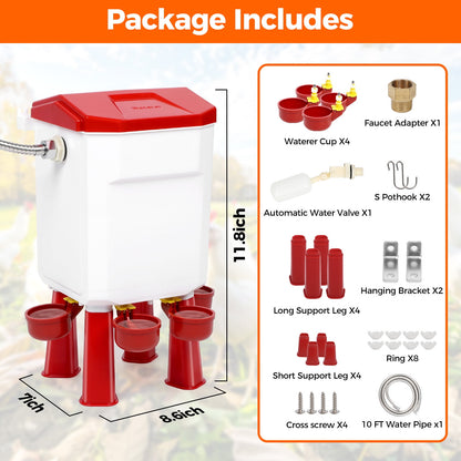 Crtynell Automatic chicken waterer with float control for continuous water supply, Freestanding poultry waterer with adjustable legs, connects to extension hose, suitable for chickens, ducks, turkeys