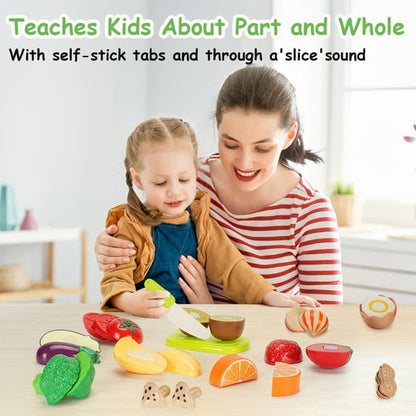 KALNUR 22 Pcs Pretend Food Play Food Cutting Set for Kids, Cuttable Fruits and Vegetables Toy Kitchen Accessories with Cutting Board, Educational and Birthday Gift for Toddlers, Kids, Boys, Girls