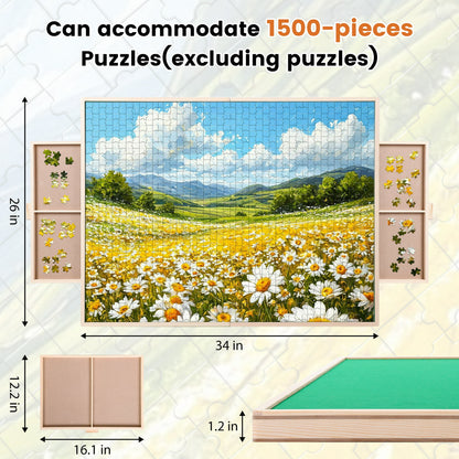 KALNUR 1500 Pieces 2-in-1 Tilting & Rotating Puzzle Board for Adults Gifts, Wooden Jigsaw Puzzle Table with 2 Drawers, Portable Board with Lazy Susan and Cover, 25.2" x 34.2"