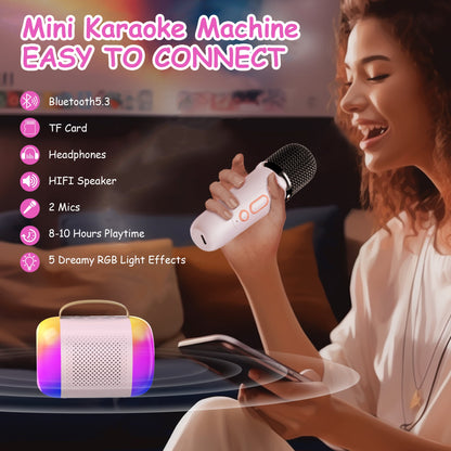 Karaoke Machine for Kids Adults, Mini Portable Karaoke Speaker with 2 Wireless Bluetooth Microphones & 2 Charging Cables, LED Lights, Birthday Gifts for Girls Ages 3-12 Toddler Toys, Pink