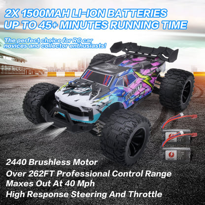 1:14 Brushless Fast RC Car for Adults Boys 45+MPH All Terrains 4X4 RTR High Speed Waterproof Remote Control Cars Truck Off Road RC Monster Truck 2 Batteries