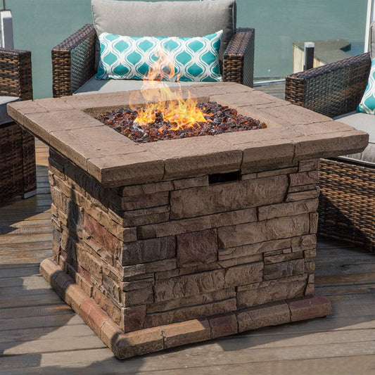 Outdoor Propane Fire Pit Table w Faux Brown Ledgestone 32-inch Square Fire Table, 50,000 BTU Stainless Steel Burner, Free Lava Rocks, Fits 20lb Tank Inside