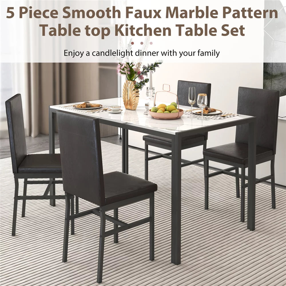 Dining Table Set with 4 Chairs, 5 Piece Modern Kitchen Table Sets with PU Leather Chairs, Faux Marble Pattern Rectangle Dining Room Table Set for Kitchen, Living Room, Restaurant