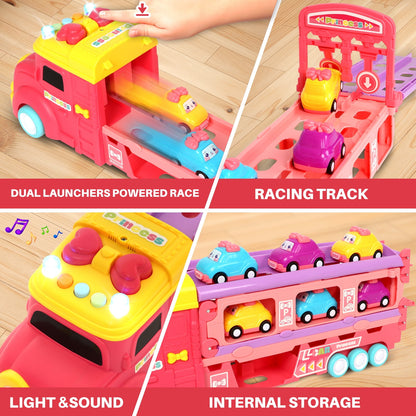 7 in 1 Carrier Truck Toy Cars for Toddlers 1-3 with Light and Sound, Christmas Birthday Gifts, Pink