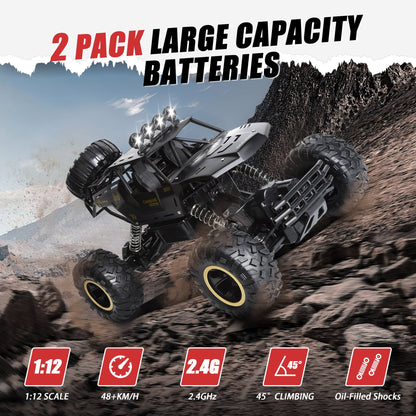 Alloy Off Road RC Truck 1:12 Electric Rock Crawler 4X4 RTR RC Crawler 2.4GHz RC Car Toy Crawling Remote Control Car for Kids Adults Beginners, 2 Batteries