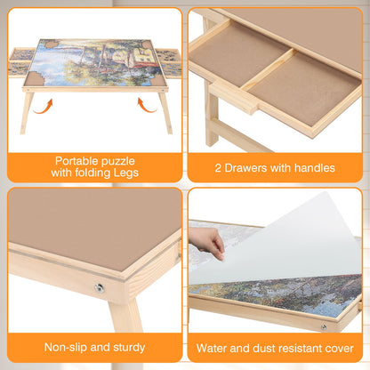 1500 Piece Puzzle Board With Folding Legs And 2 Sliding Drawers,34" X 26" Wooden Jigsaw Puzzle Table,Wood Puzzle Tray For Adults