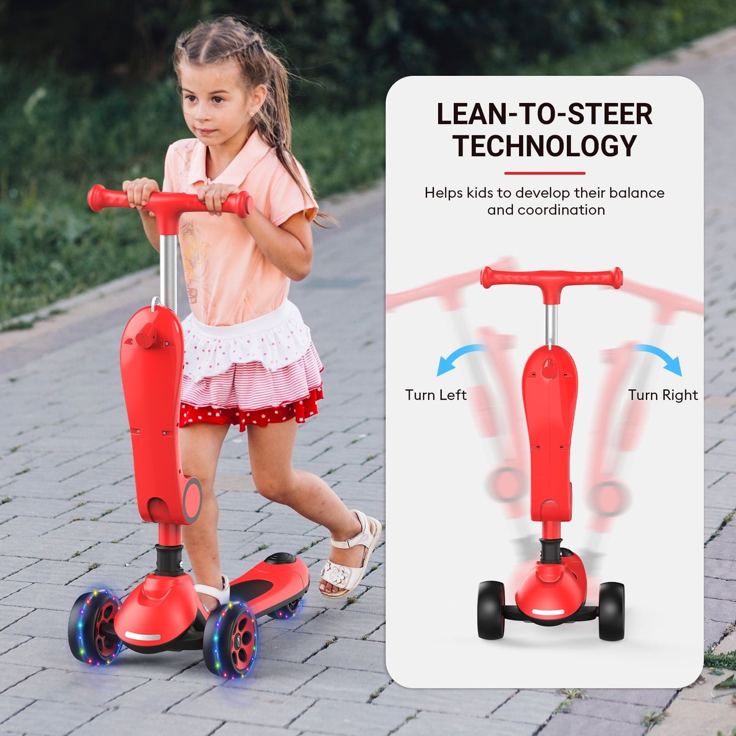 Kids Scooter with Removable Seat & 3 Extra Wide PU Light-Up Wheels, Adjustable Height Handlebar Kick Scooter for Kids Ages 2-12
