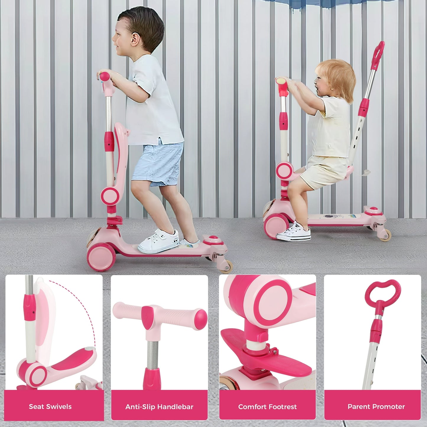 3-In-1 Kids Scooter With 3 LED Light Wheels,Kick Scooter With Folding Seat and Push Bar