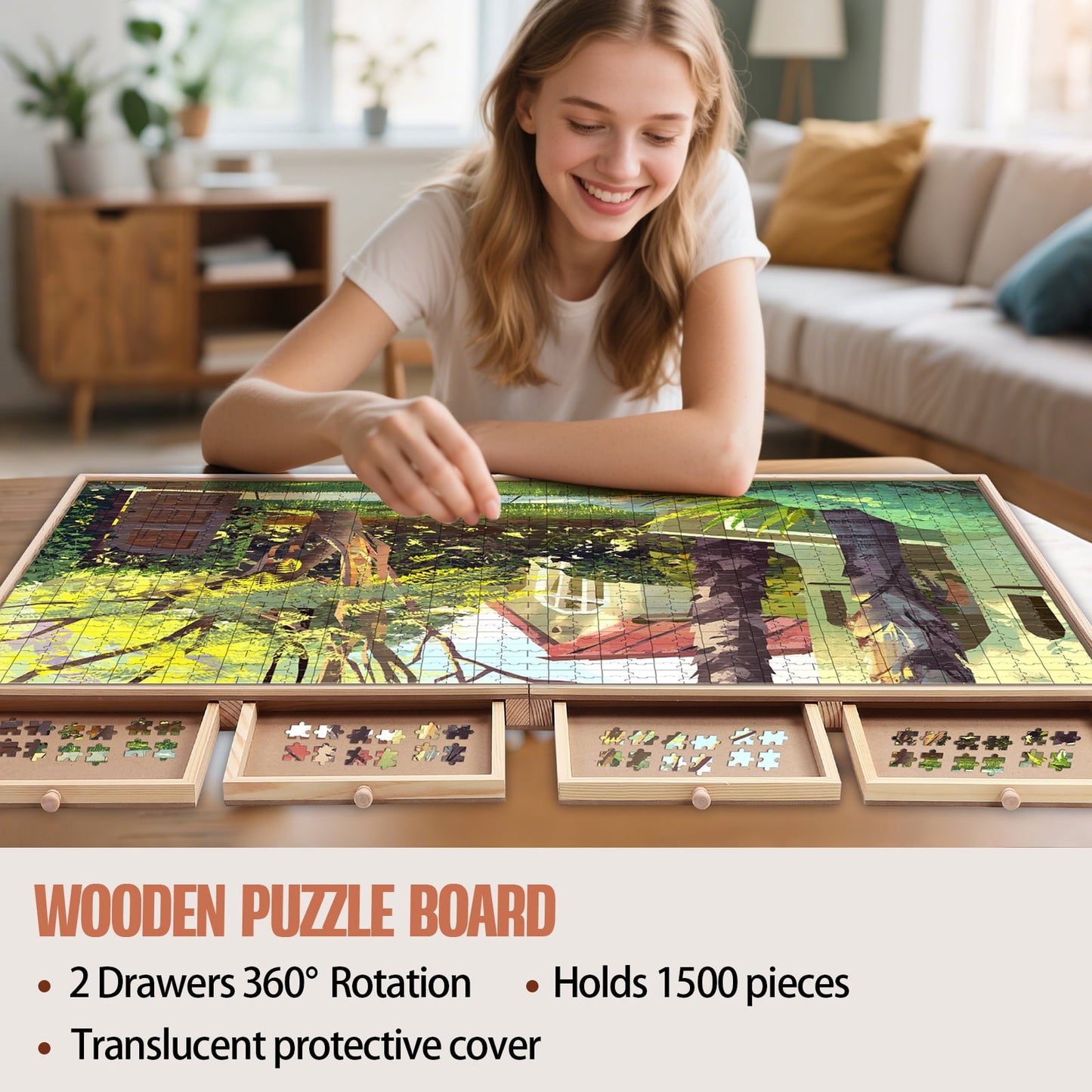 1500 Piece Puzzle Board With Cover And 8 Drawers , 34" X 26" Wooden Rotating Jigsaw Puzzle Table, Fold Spinning Puzzle Boards For Adults