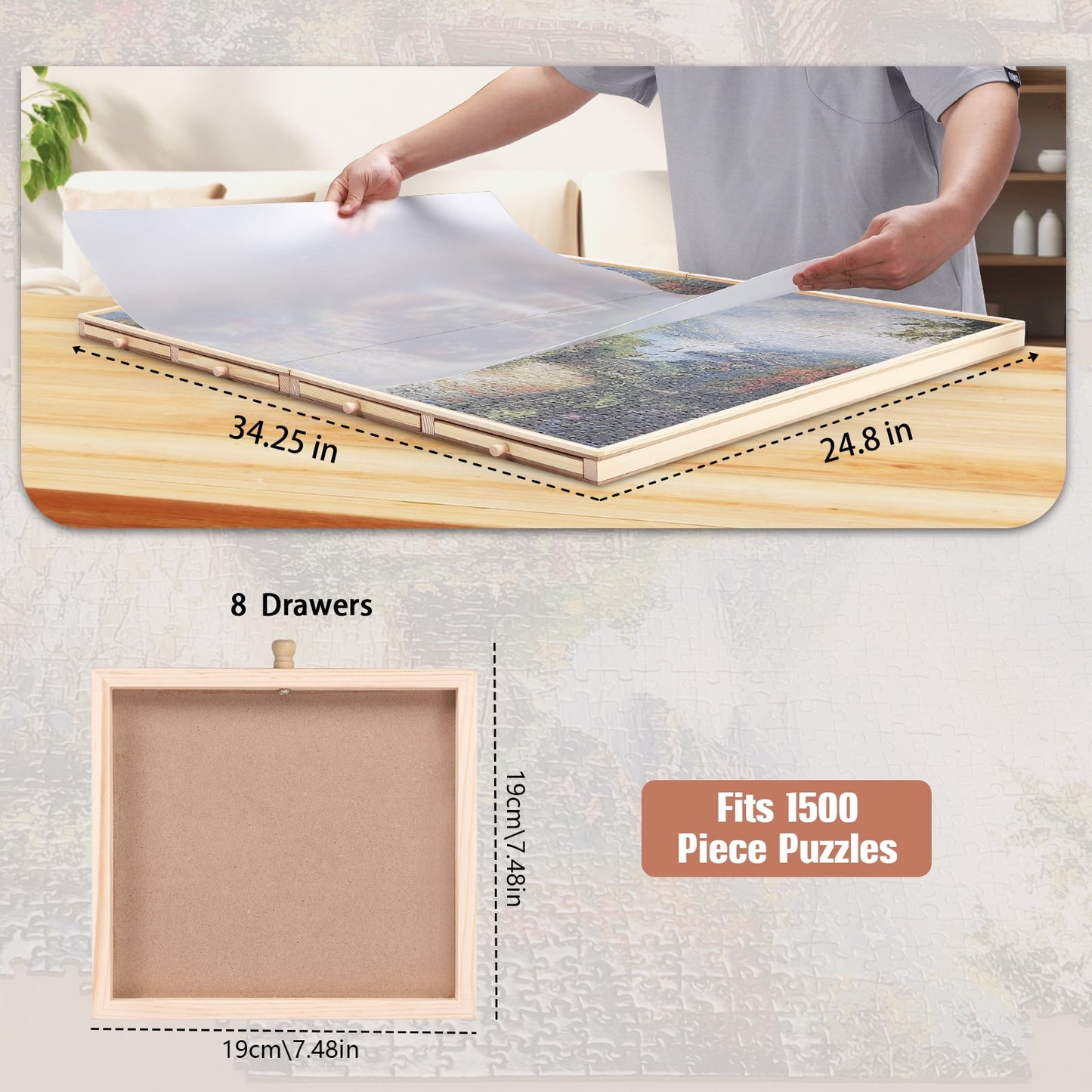 1500 Piece Puzzle Board With Cover And 8 Drawers , 34" X 26" Wooden Rotating Jigsaw Puzzle Table, Fold Spinning Puzzle Boards For Adults