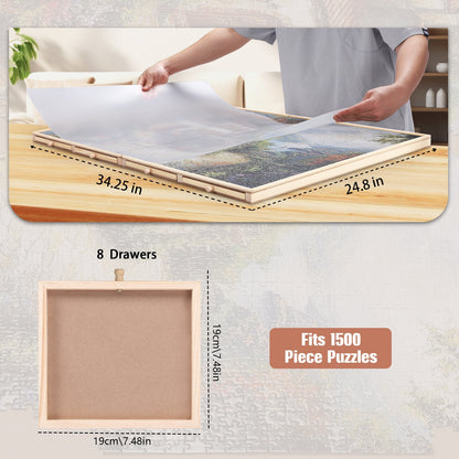 1500 Piece Puzzle Board With Cover And 8 Drawers , 34" X 26" Wooden Rotating Jigsaw Puzzle Table, Fold Spinning Puzzle Boards For Adults