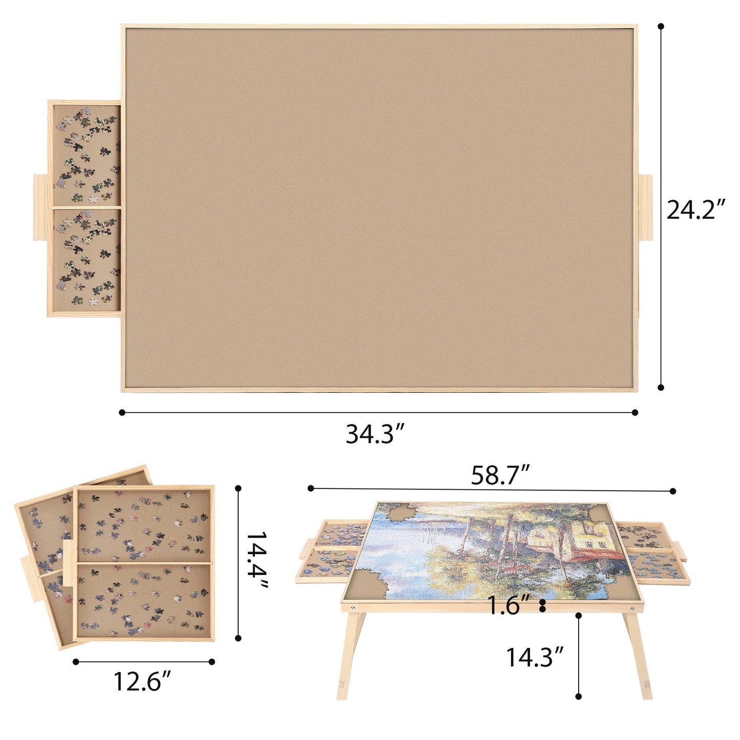 1500 Piece Puzzle Board With Folding Legs And 2 Sliding Drawers,34" X 26" Wooden Jigsaw Puzzle Table,Wood Puzzle Tray For Adults
