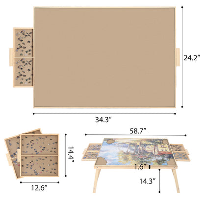 1500 Piece Puzzle Board With Folding Legs And 2 Sliding Drawers,34" X 26" Wooden Jigsaw Puzzle Table,Wood Puzzle Tray For Adults