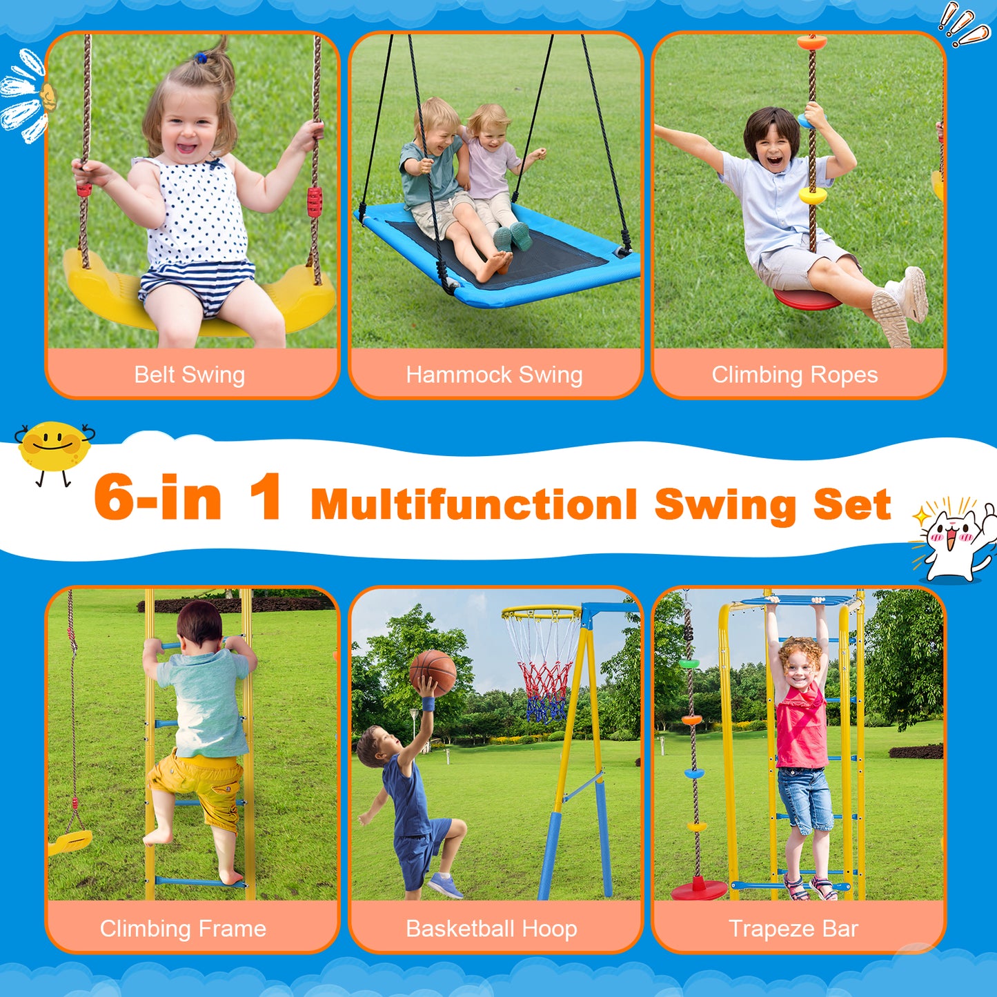 6 in 1 Swing Sets for Outside,A-Frame Swing Set with Monkey Bars,3 Swing,Climbing Frame,Basketball Hoop