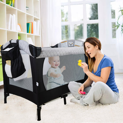 Loewten Baby Bassinet, 5 in 1 Foldable Playard Playpen Bedside Bassinet with Changing Table for Infant Newborn,Activity Center for Baby,Black,0-36 Months