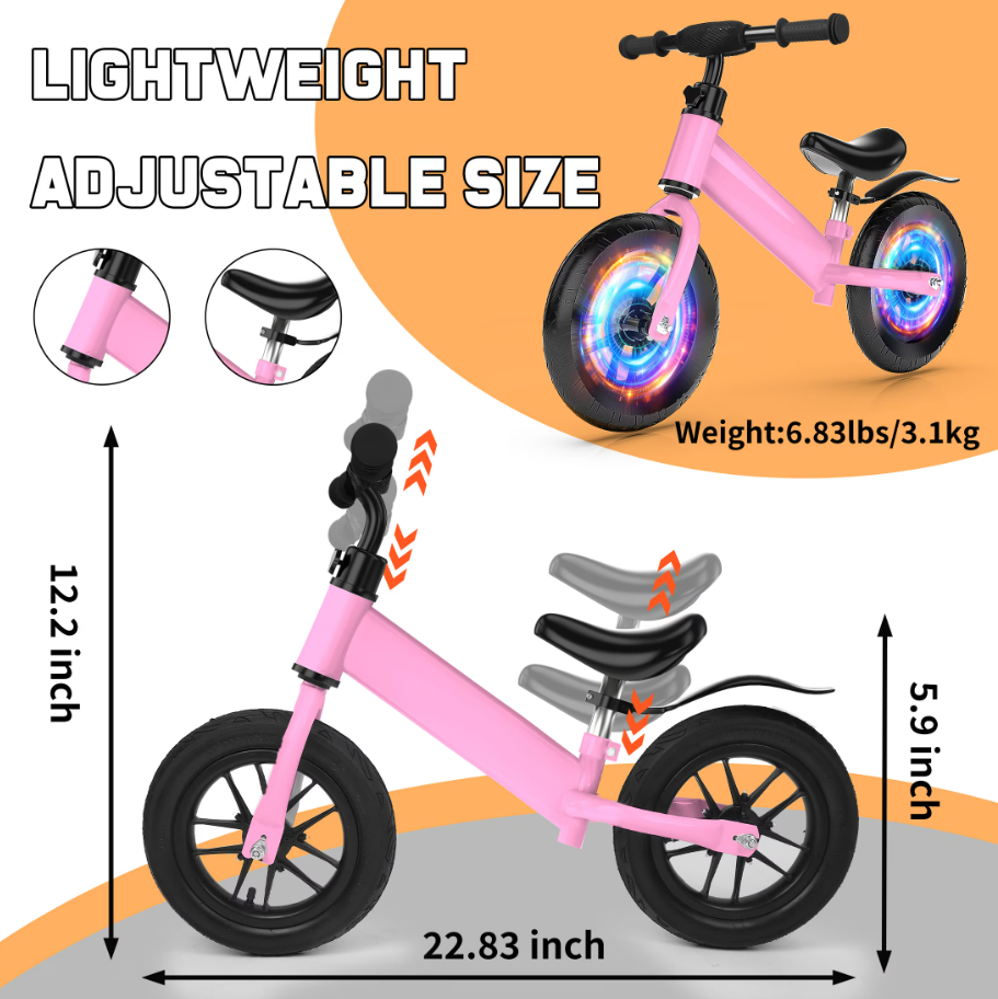 Kids 12'' Balance Bike Ride with Lighting up Wheels No Pedal Bike for Toddlers Age 2-5