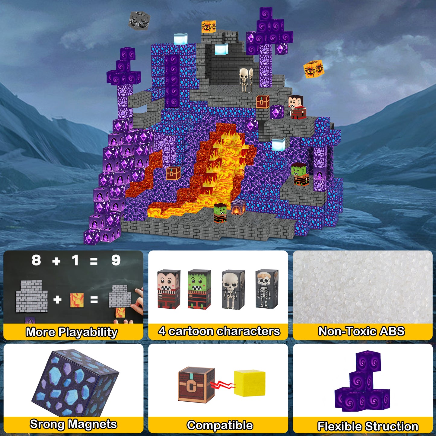 Crtynell 100PCS Magnetic Blocks - Build Lava Cave World Set for Boys & Girls Age 3-5 6-8, Sensory Toys for Toddlers Birthday Christma Gifts for 3+ Years Old Girls Boys